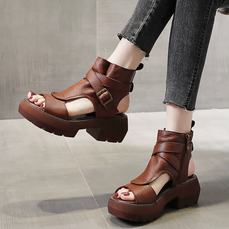 Vintage Soft Leather Waterproof Zipper Thick-Soled Women'S Shoes