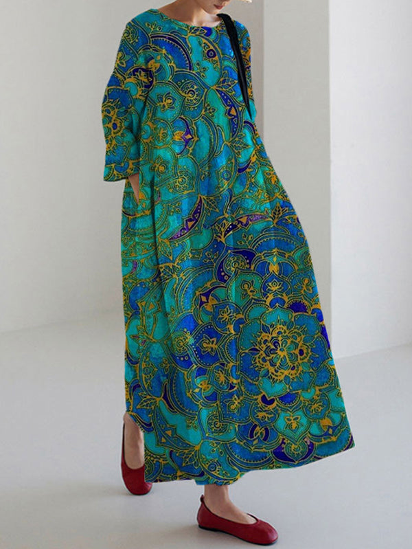 Women's Retro Art Print Casual Linen Cotton Top And Dress