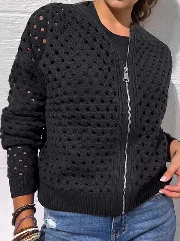 Versatile Hollow Knit Zipper Women's Jacket