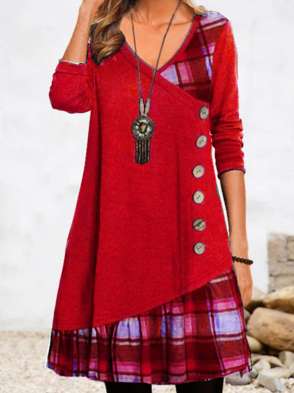 New Style Stitching Decorative Button Plaid Print Dress