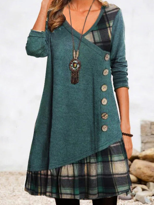 New Style Stitching Decorative Button Plaid Print Dress