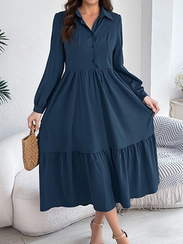 Versatile Lapel Button Ruffled Women's Dress