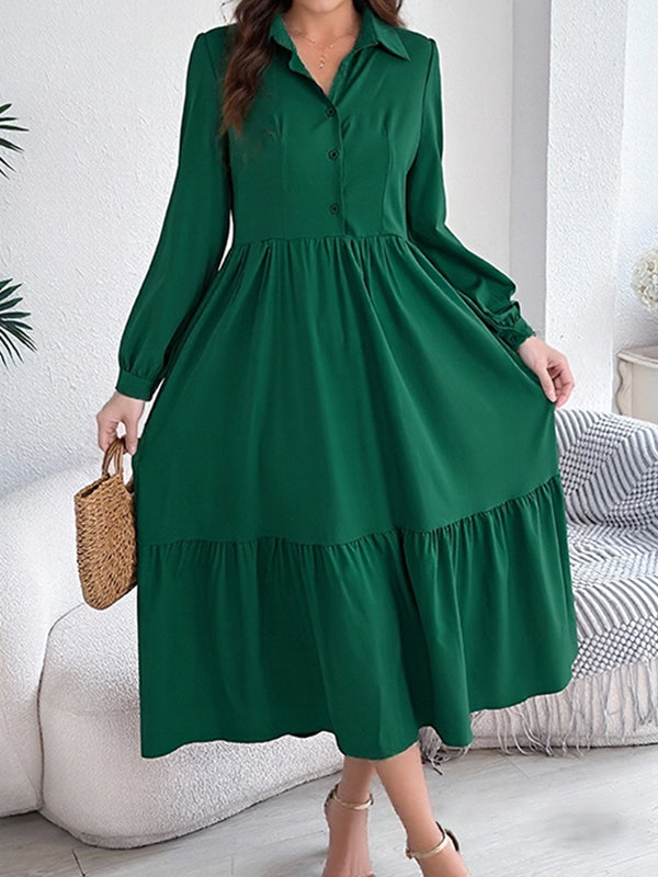 Versatile Lapel Button Ruffled Women's Dress