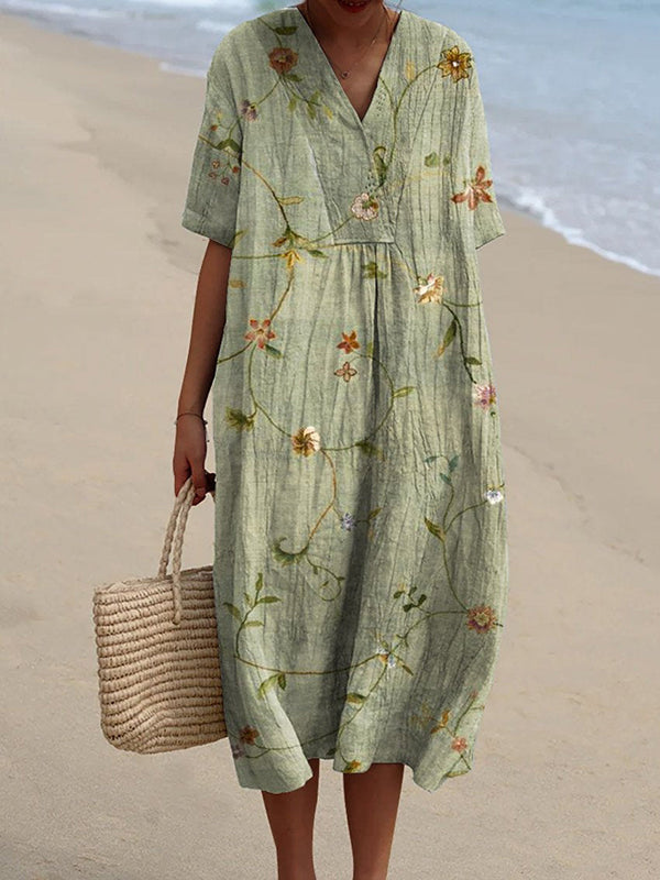 Women's Retro Floral Art Linen Pocket Top And Dress