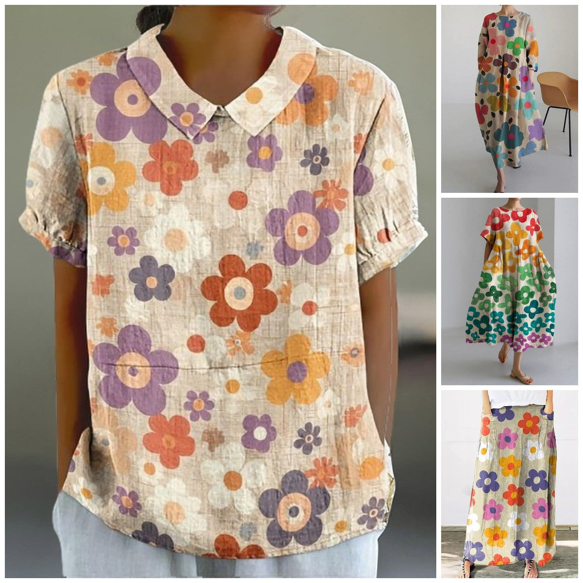 Bright Floral Print Linen And Cotton Women'S Tops And Dresses