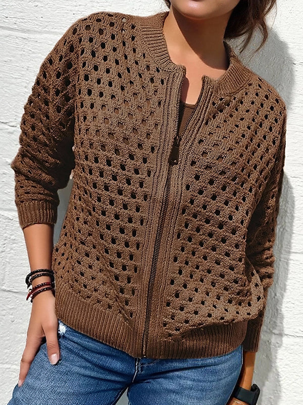 Versatile Hollow Knit Zipper Women's Jacket
