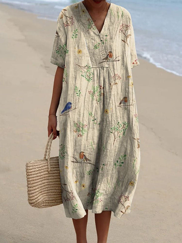 Boughs And Robin Birds Pattern Printed Women's Casual Linen Cotton Top And Dress