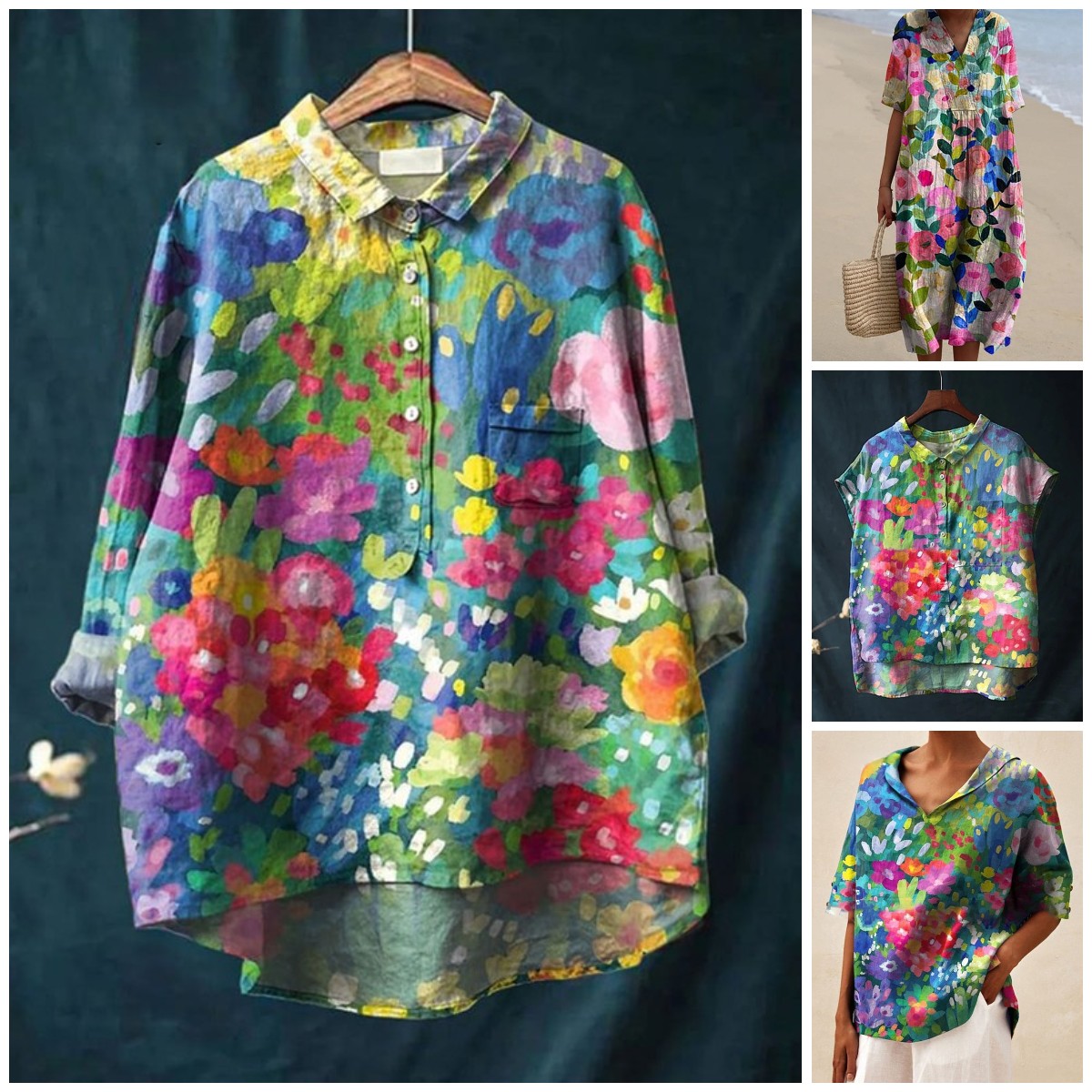 Women's Vintage Lovely Floral Art Print Casual Linen Cotton Top And Dress