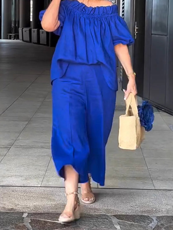2025 New Style Off-Shoulder Ruffle Neckline Two-Piece Set