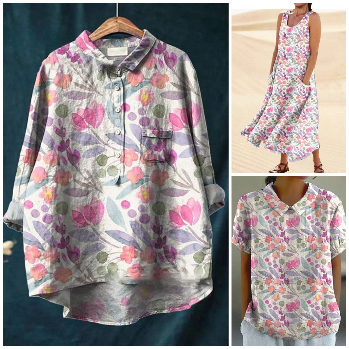 Watercolor Spring Garden Floral Repeat Pattern Printed Women's Casual Linen Cotton Top And Dress