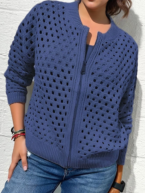 Versatile Hollow Knit Zipper Women's Jacket
