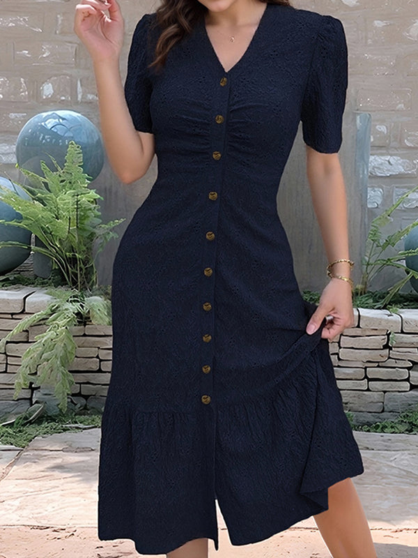 Versatile Print Embroidered Button Dress