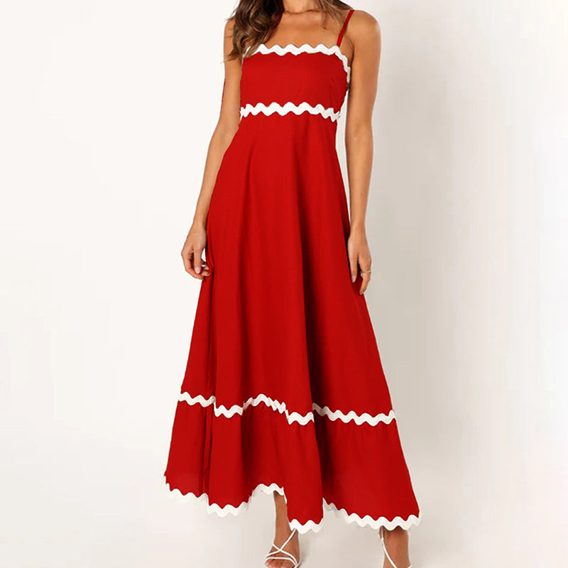 Solid Color Lace Stitching Elegant Suspender Dress