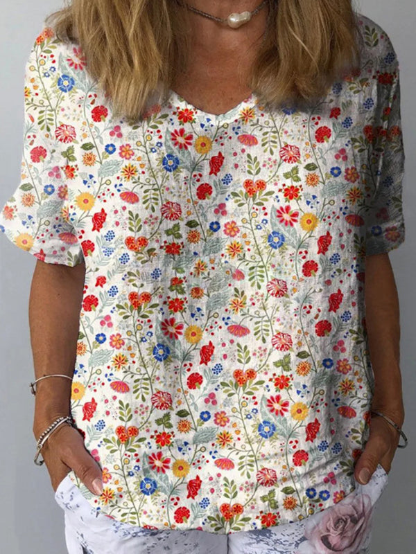 Pastoral Floral Art Print Casual Linen Cotton Women's Top And Skirt