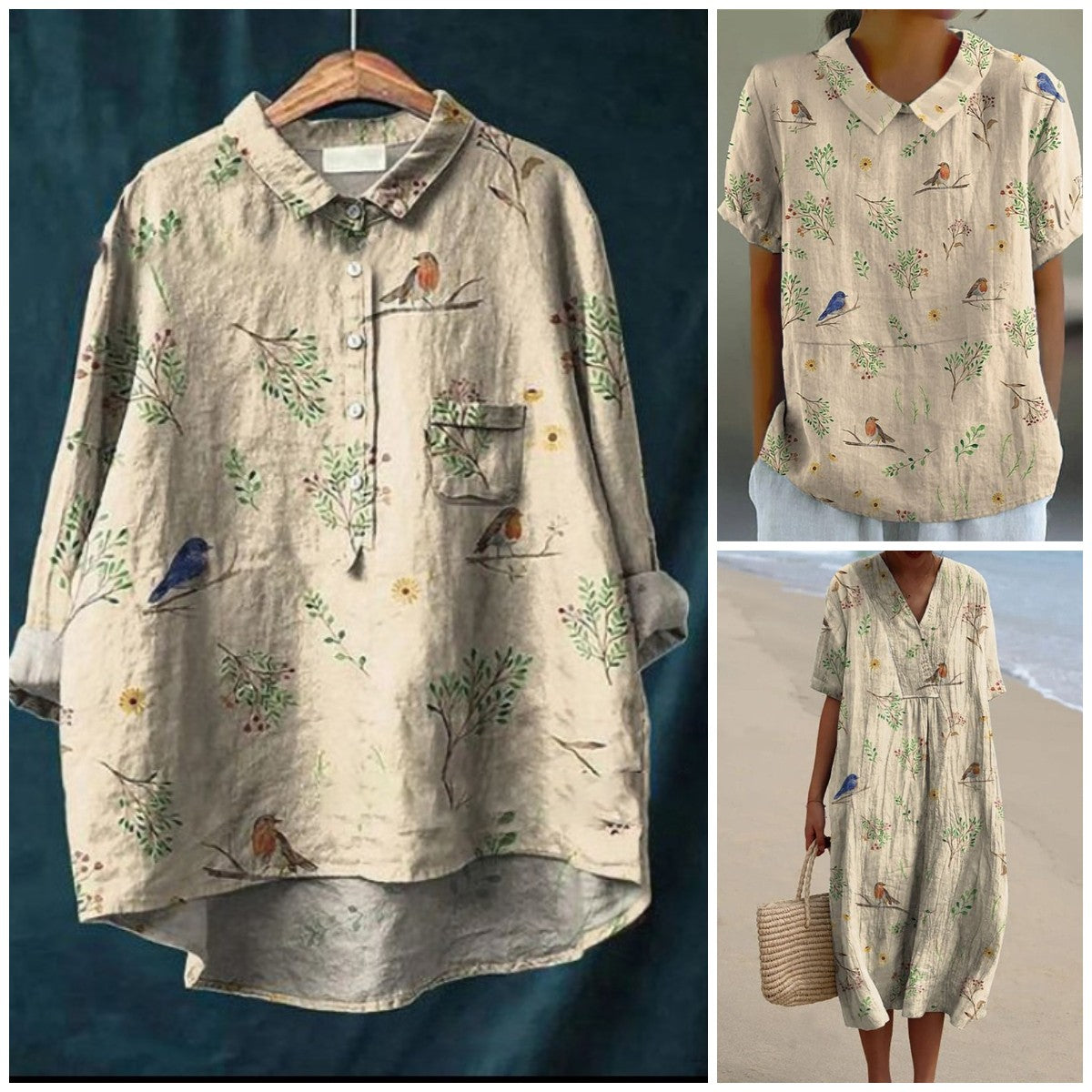 Boughs And Robin Birds Pattern Printed Women's Casual Linen Cotton Top And Dress
