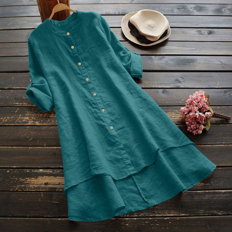 Retro Solid Color Button Long Sleeve Dress