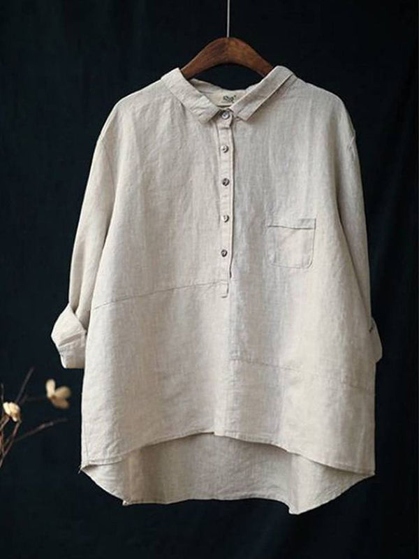 Women's Lapel Neck Casual Solid Colour Linen Cotton Long Sleeve Shirt