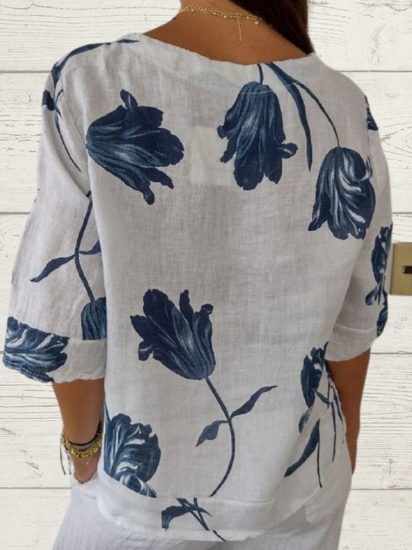 New Arrival Printed V-Neck Button Casual Top