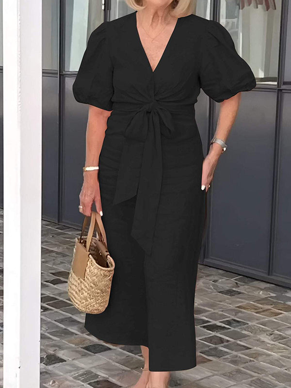New V-Neck Tie Puff Sleeve Cotton Linen Dress
