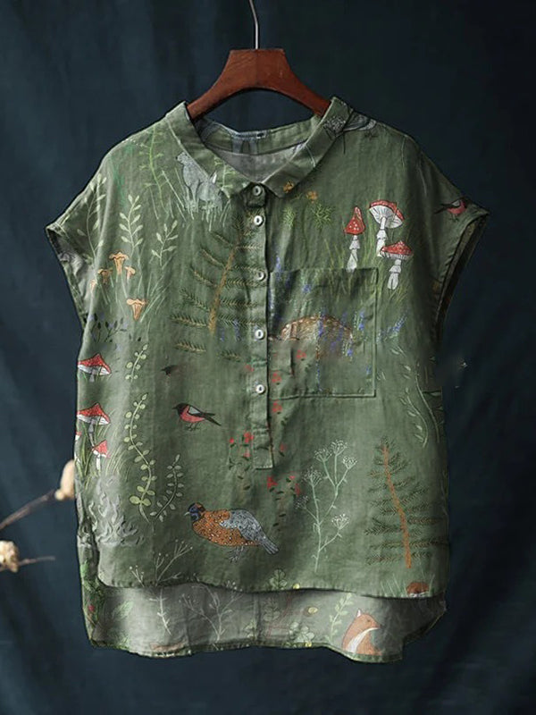 Woodland And Animals Pattern Printed Women's Linen Pocket Top And Dress