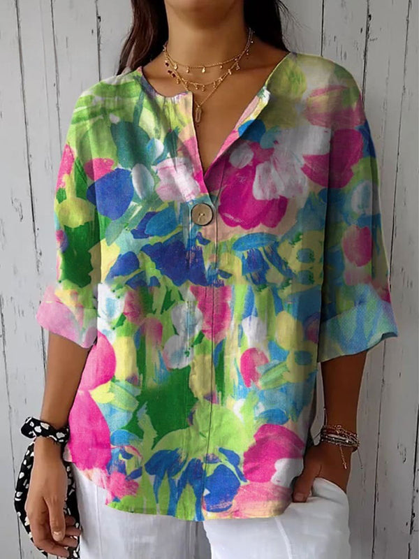 Women's Vintage Lovely Floral Art Print Casual Linen Cotton Top And Dress