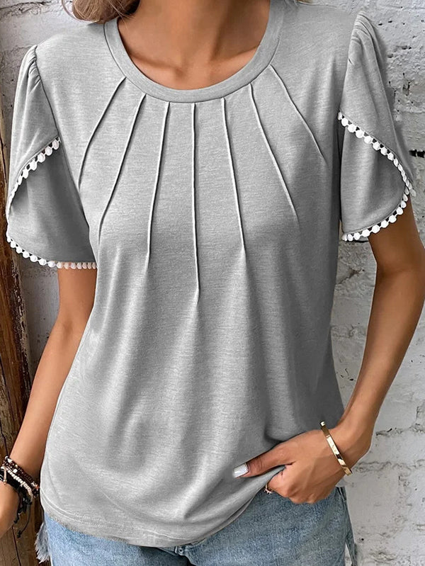 Casual Crew Neck Pleated Short Sleeve Lace Top