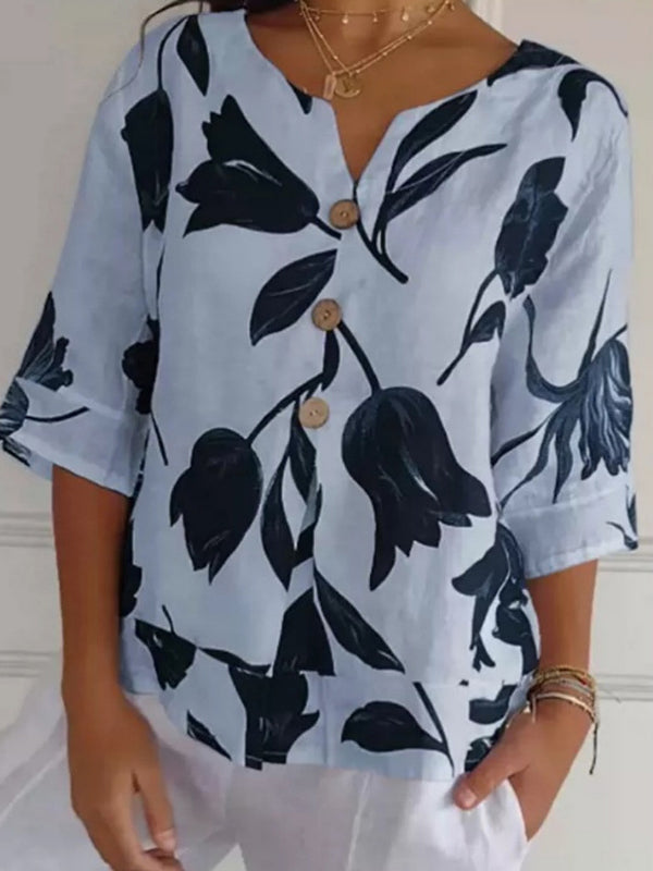 New Arrival Printed V-Neck Button Casual Top
