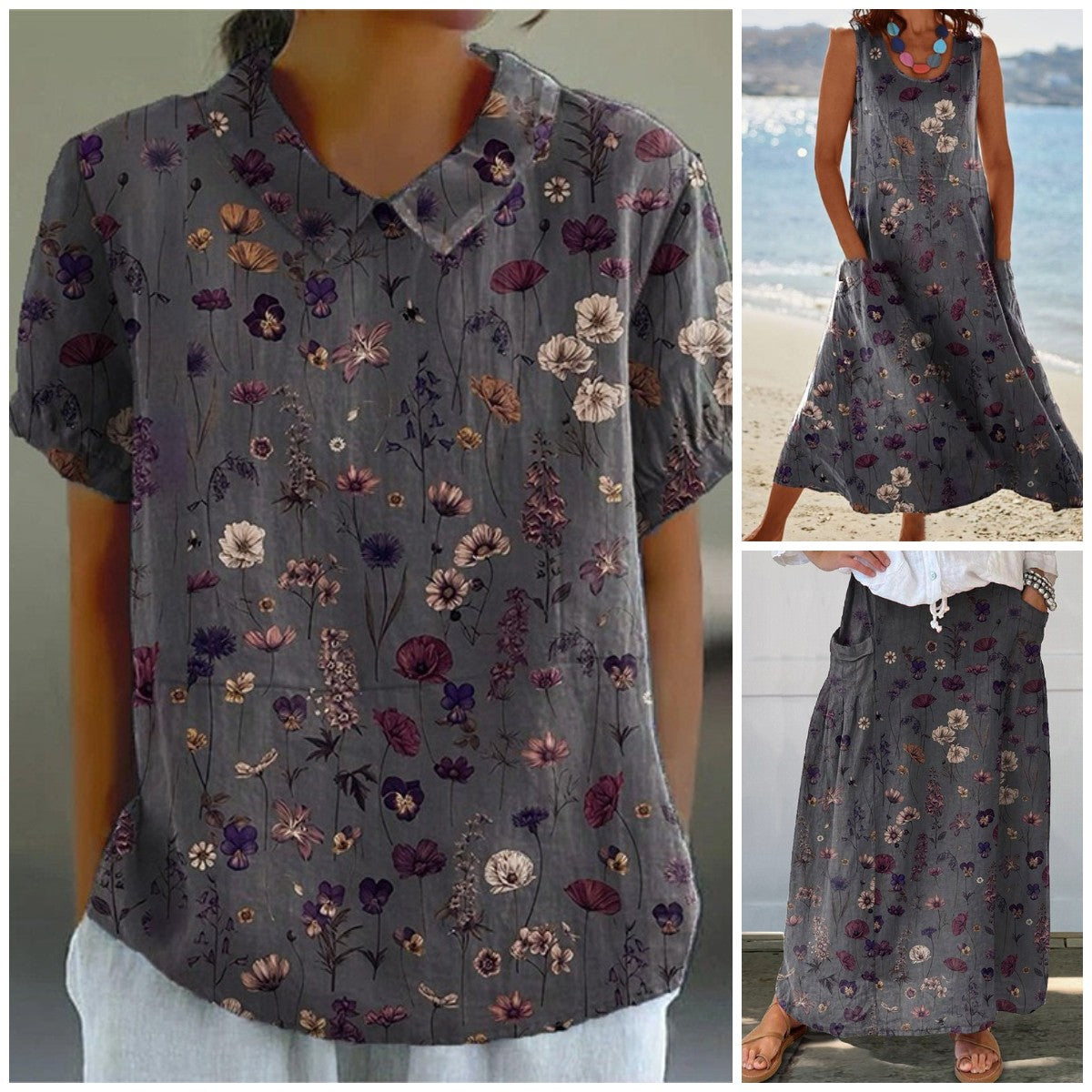 Women's Flower Art Print Casual Linen Cotton Top And Dress