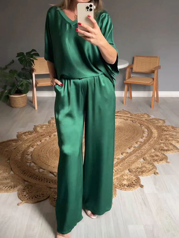 Fashionable Satin V-Neck Casual Ladies Two-Piece Suit