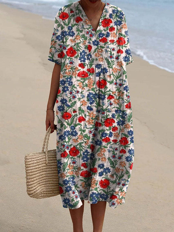Women's Vintage Floral Art Print Casual Linen Cotton Shirt And Dress
