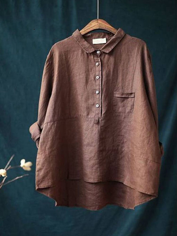 Women's Lapel Neck Casual Solid Colour Linen Cotton Long Sleeve Shirt