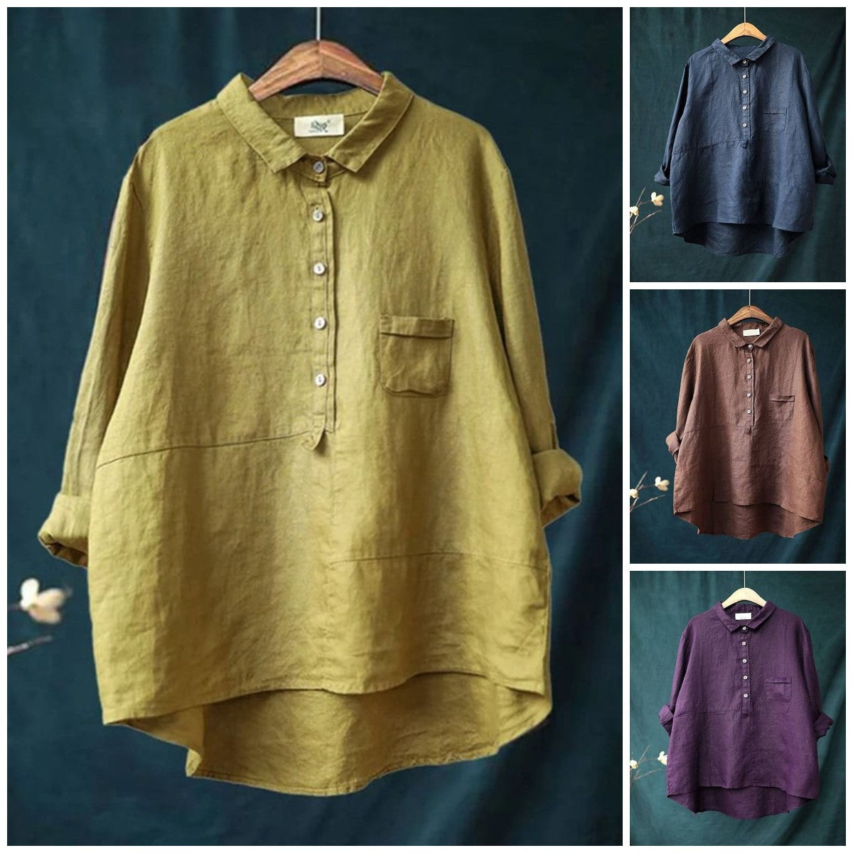 Women's Lapel Neck Casual Solid Colour Linen Cotton Long Sleeve Shirt