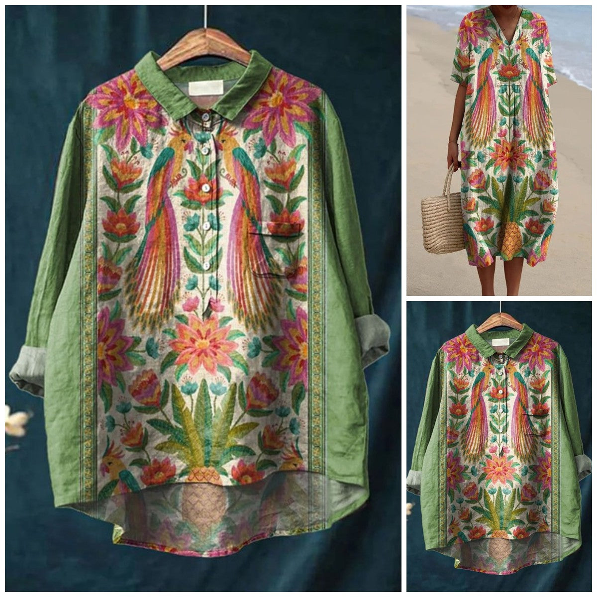 Women's Vintage Lovely Floral Birds Art Print Casual Linen Cotton Shirt And Dress