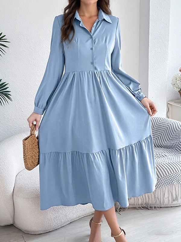 Versatile Lapel Button Ruffled Women's Dress