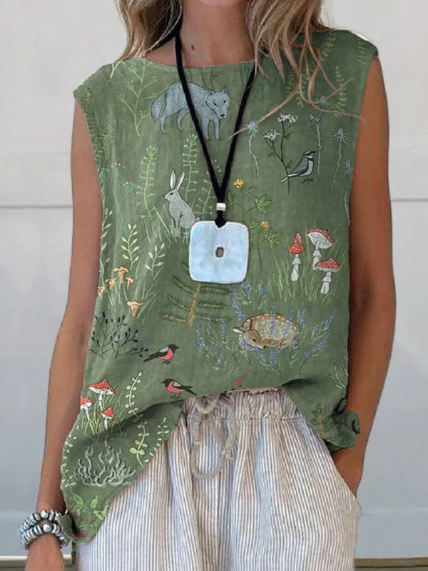Woodland And Animals Pattern Printed Women's Linen Pocket Top And Dress