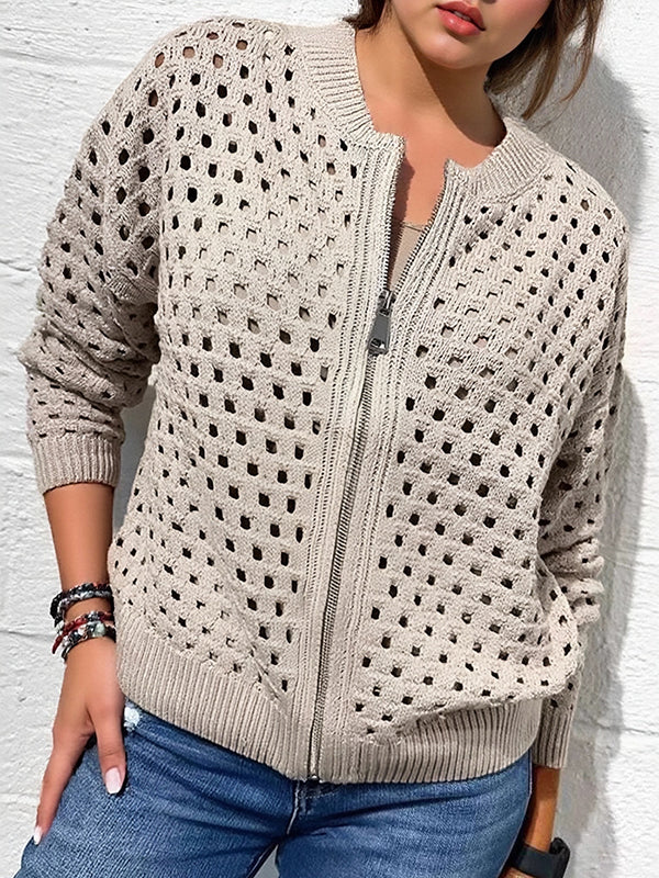Versatile Hollow Knit Zipper Women's Jacket
