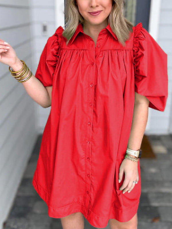 Solid Color Puff Sleeve Casual Skirt