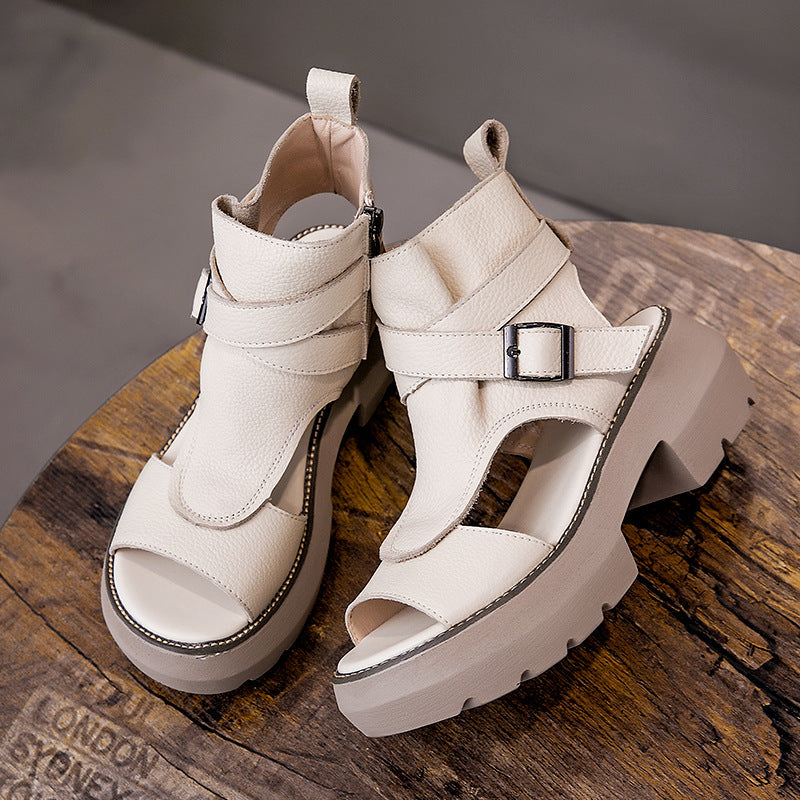 Vintage Soft Leather Waterproof Zipper Thick-Soled Women'S Shoes