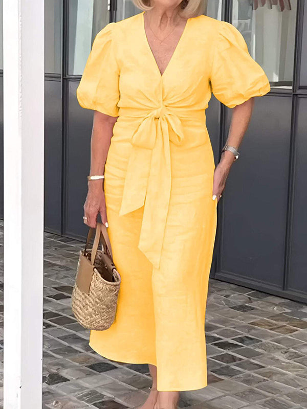 New V-Neck Tie Puff Sleeve Cotton Linen Dress