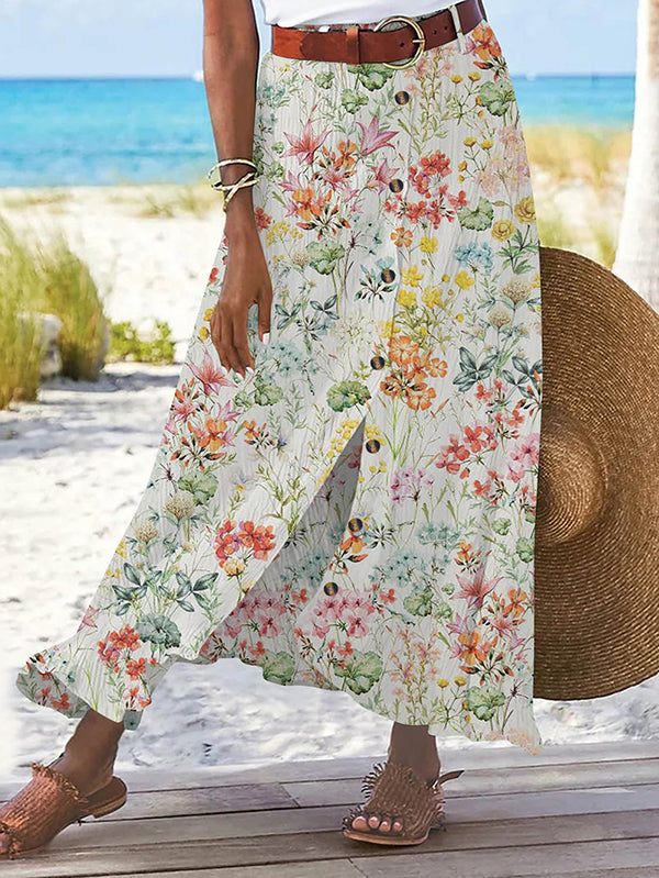 Pastoral Floral Art Print Casual Linen Cotton Women's Top And Skirt