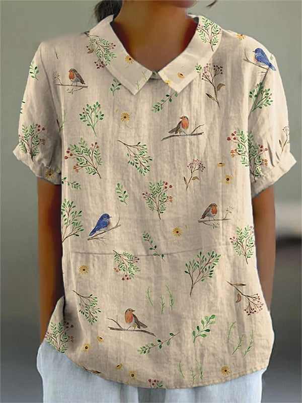 Boughs And Robin Birds Pattern Printed Women's Casual Linen Cotton Top And Dress