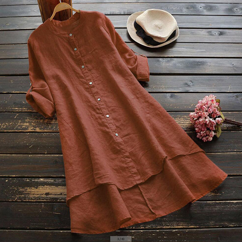 Retro Solid Color Button Long Sleeve Dress