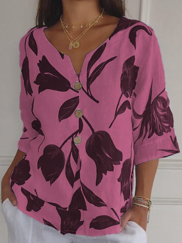 New Arrival Printed V-Neck Button Casual Top