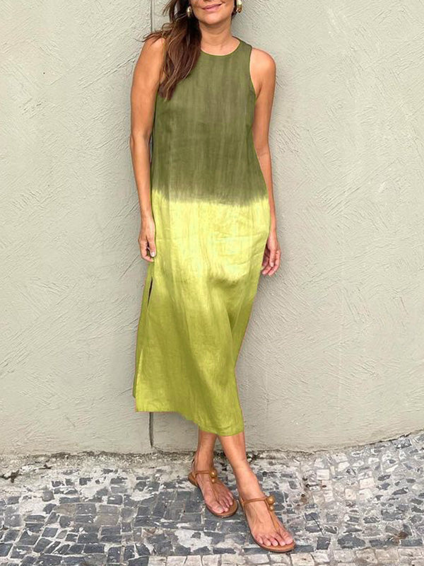 Casual Cotton And Linen Slit Gradient Dress