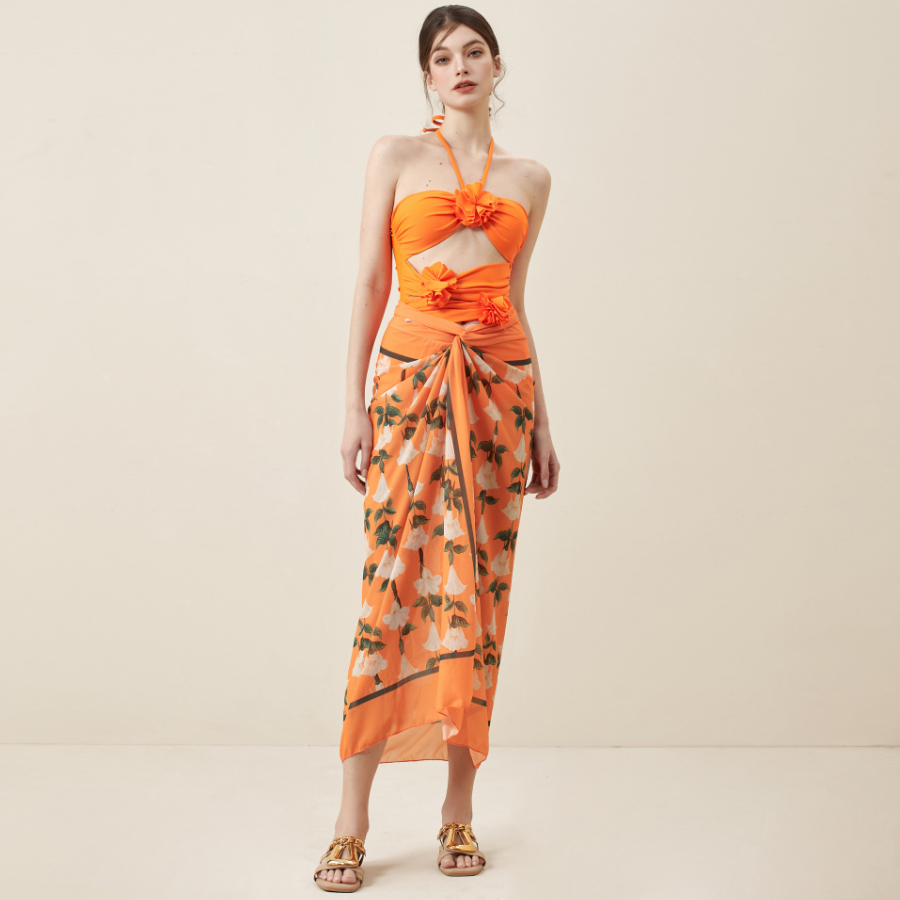Vioye Halter Cutout 3D Flower Decor One Piece Swimsuit and Sarong