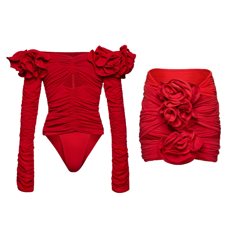 Vioye Red Off Shoulder 3D Flower Long Sleeve One Piece Swimsuit and Skirt