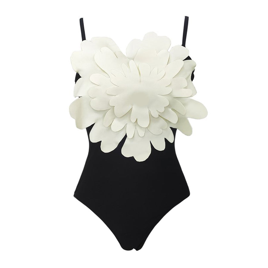 3D Flower Decor Black One Piece Swimsuit and Sarong