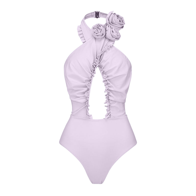 Vioye Purple Halter 3D Flower Decor Backless One Piece Swimsuit and Sarong