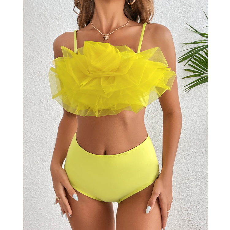 3D Flower Yellow Bikini Swimsuit