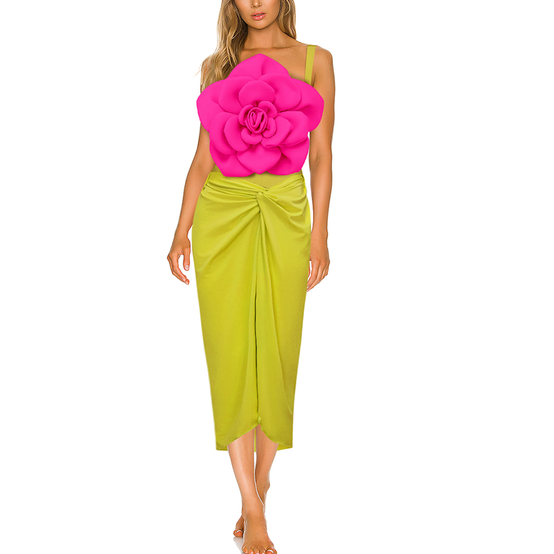 3D Flower Sling Color Block One Piece Swimsuit and Skirt (Shipped on Nov 6th)